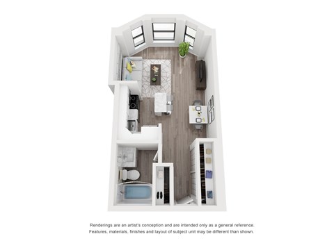 Floor plan for studio, 1 bath, 493 sqft